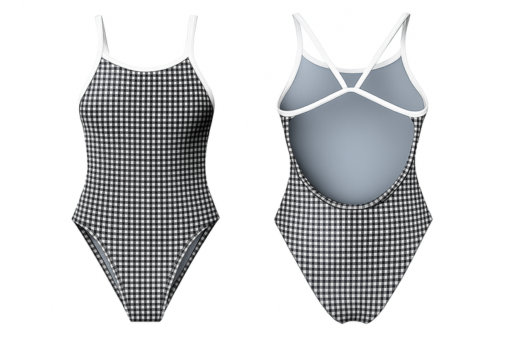 Black Gingham Print Women's Openback Swimsuit — Premium Competitive Swimwear with Chlorine Resistance and Compression Fit