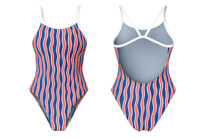 Wavy Blue & Red Stripes Women's Openback Swimsuit — Premium Competitive Swimwear with Chlorine Resistance and Compression Fit