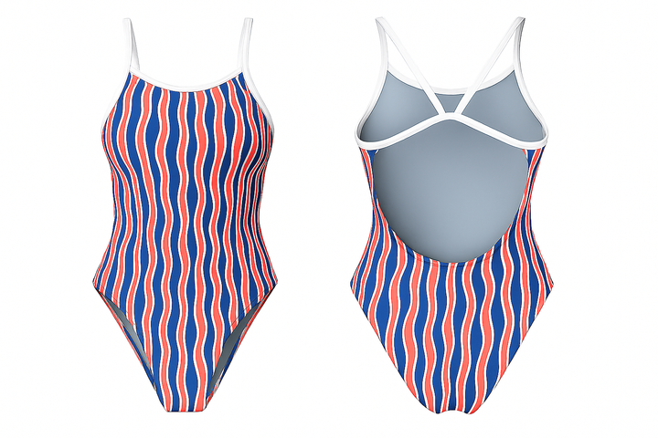 Wavy Blue & Red Stripes Women's Openback Swimsuit — Premium Competitive Swimwear with Chlorine Resistance and Compression Fit