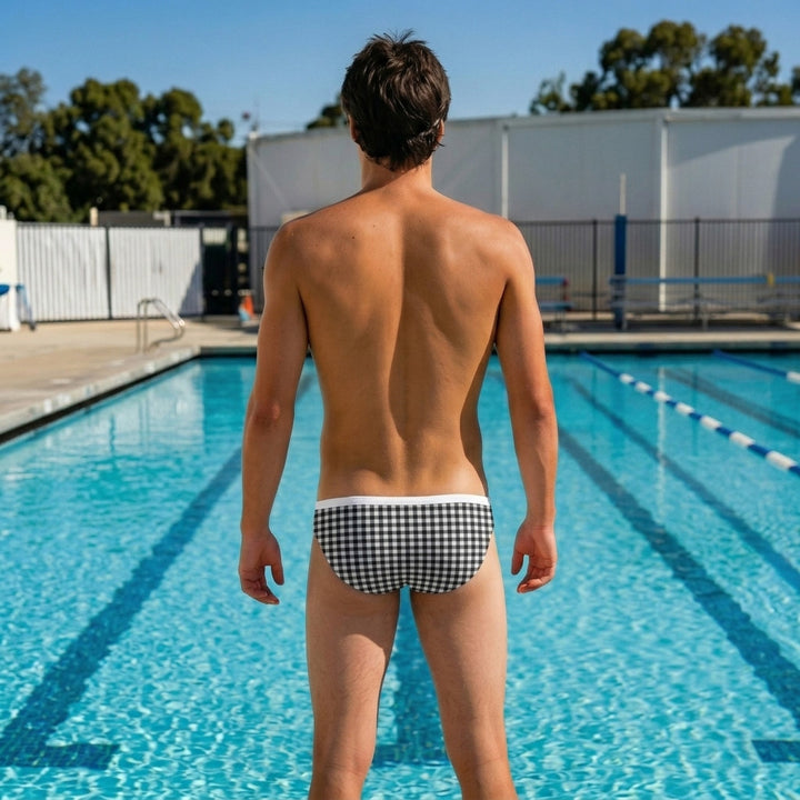 Black Gingham Print Men’s Swim Brief — Premium Competitive Swimwear with Chlorine Resistance and Compression Fit