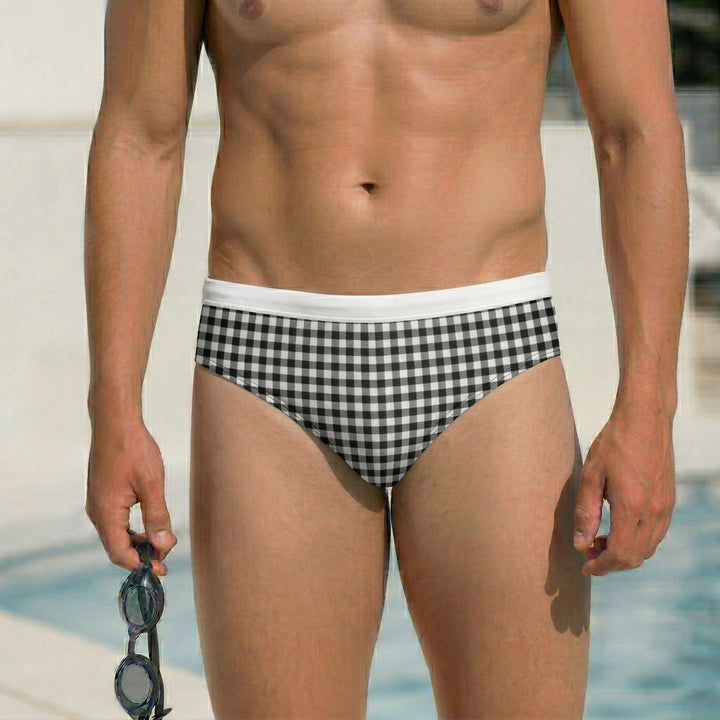 Black Gingham Print Men’s Swim Brief — Premium Competitive Swimwear with Chlorine Resistance and Compression Fit