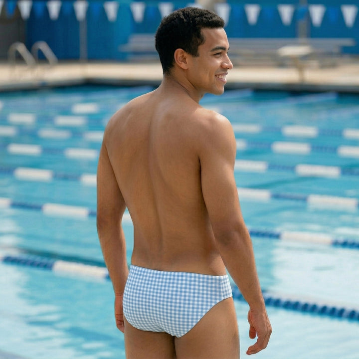 Blue Gingham Print Men’s Swim Brief — Premium Competitive Swimwear with Chlorine Resistance and Compression Fit