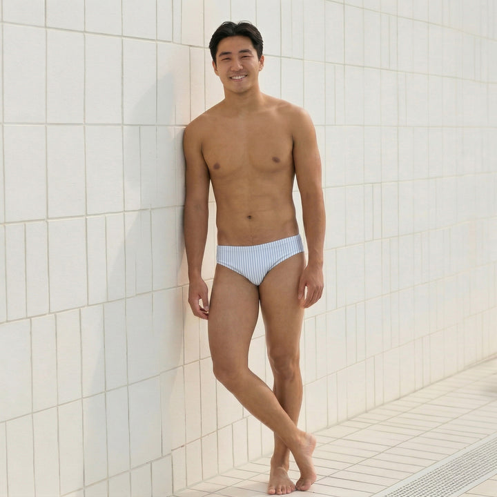 Blue Seersucker Print Men’s Swim Brief — Premium Competitive Swimwear with Chlorine Resistance and Compression Fit