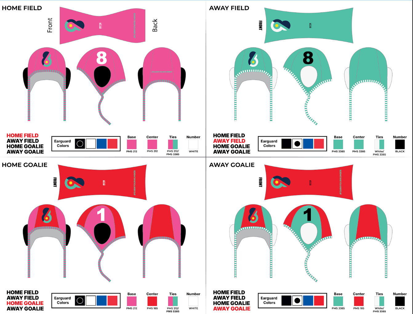 6-8 sports Water Polo cap: 1 & 13 goalie. 2-12 and 14 per color