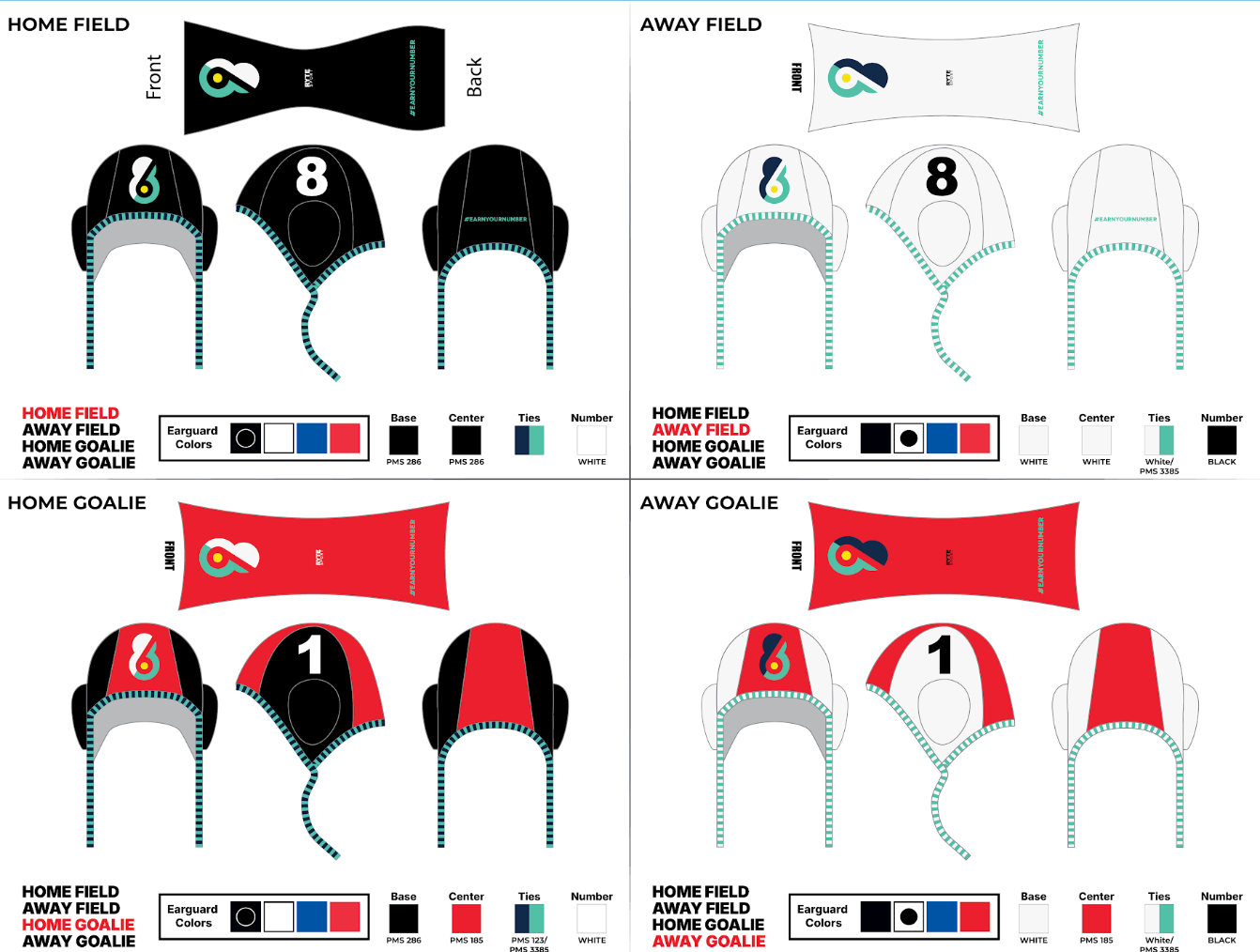 6-8 sports Water Polo cap: 1 & 13 goalie. 2-12 and 14 per color