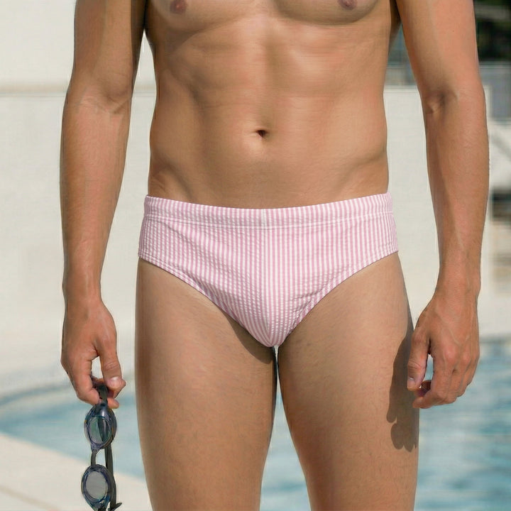 Pink Seersucker Print Men’s Swim Brief — Premium Competitive Swimwear with Chlorine Resistance and Compression Fit