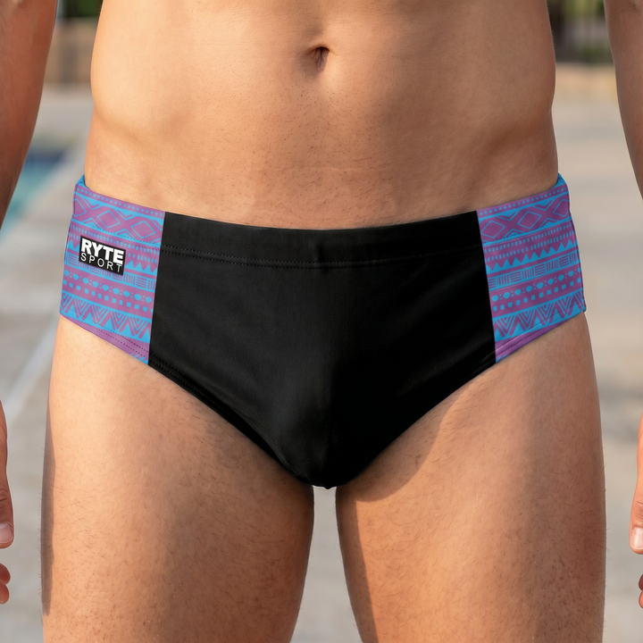 Pink & Blue Tribal (Black) Men's Swim & Water Polo Brief