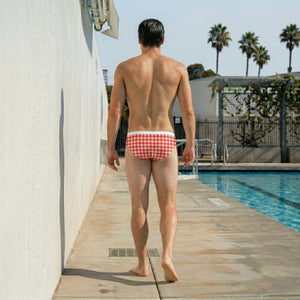 Red Gingham Print Men’s Swim Brief — Premium Competitive Swimwear with Chlorine Resistance and Compression Fit