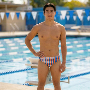 Wavy Blue & Red Stripes Men’s Swim Brief — Premium Competitive Swimwear with Chlorine Resistance and Compression Fit