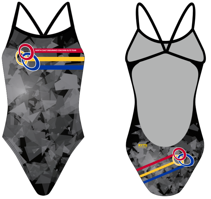 North Coast Endurance Coaching Elite Team Black Camo Triangle Custom Women's Open Back Thin Strap Swimsuit T6
