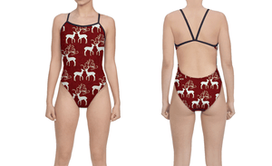Holiday Kissing Deer Red Women’s Open Back Thin Strap Swimsuit T6