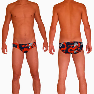 Red Dragon Mens Water Polo Suit  Features:  Compression Fitting PBT/Polyester Blend Fabric with Four-way stretch technology Dual Layer Lined Brief Low Stretch Flat Drawcord Flatlock Stitch Construction prevents chafe Turned In Liner Seams for Optimum Comfort Chlorine Resistant Fabric