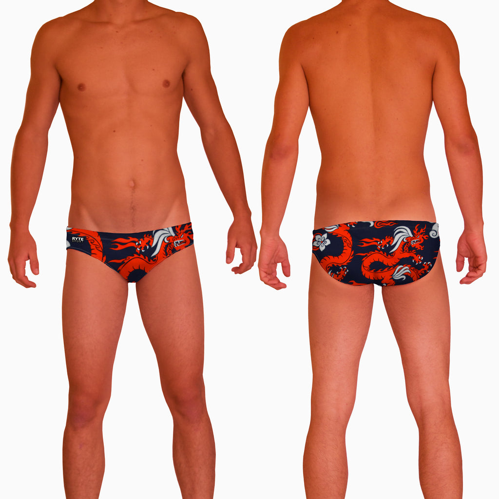 Red Dragon Mens Water Polo Suit  Features:  Compression Fitting PBT/Polyester Blend Fabric with Four-way stretch technology Dual Layer Lined Brief Low Stretch Flat Drawcord Flatlock Stitch Construction prevents chafe Turned In Liner Seams for Optimum Comfort Chlorine Resistant Fabric