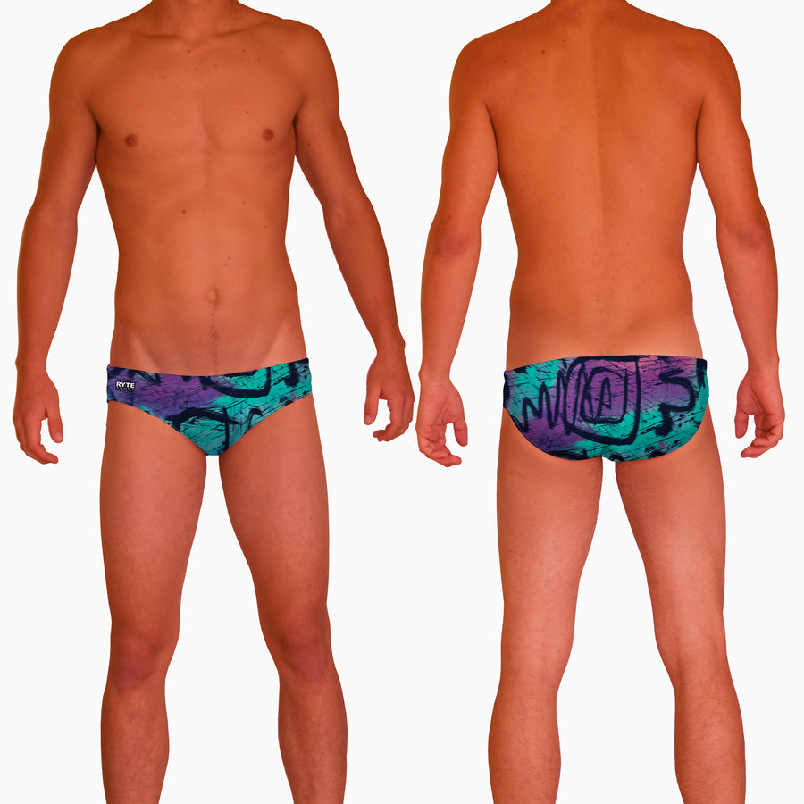 1989 Graffiti Mens Water Polo Suit  Features:  Compression Fitting PBT/Polyester Blend Fabric with Four-way stretch technology Dual Layer Lined Brief Low Stretch Flat Drawcord Flatlock Stitch Construction prevents chafe Turned In Liner Seams for Optimum Comfort Chlorine Resistant Fabric