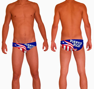 Puerto Rico Mens Water Polo Suit  Features:  Compression Fitting PBT/Polyester Blend Fabric with Four-way stretch technology Dual Layer Lined Brief Low Stretch Flat Drawcord Flatlock Stitch Construction prevents chafe Turned In Liner Seams for Optimum Comfort Chlorine Resistant Fabric