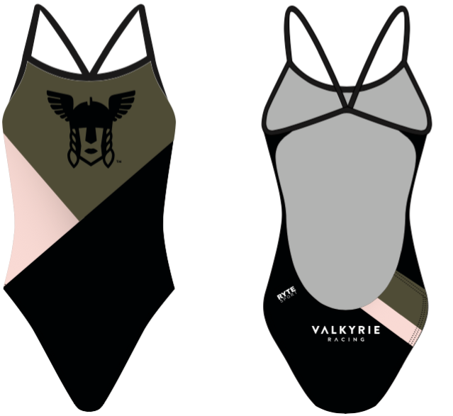 Valkyrie Racing Custom Black Pattern Women’s Open Back Thin Strap Swimsuit RYTE Sport