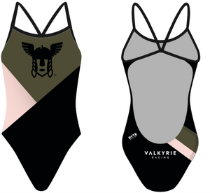 Valkyrie Racing Custom Black Pattern Women’s Open Back Thin Strap Swimsuit RYTE Sport